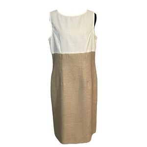 Leslie Fay Women's Two Tone Sleeveless Sheath Dress Tan and White‎ Size 8P